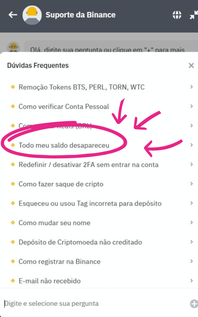 Tela: dúvidas frequentes escolha a opção "Todo o meu saldo desapareceu'