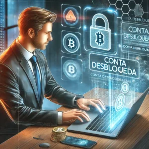 DALL·E 2024 10 14 17.48.13 An illustration of a digital lawyer unlocking a cryptocurrency account on a laptop with the laptop screen clearly visible showing a Conta Desbloquea