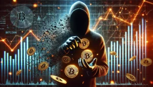 Ilustração de um personagem sombrio segurando moedas de Bitcoin que se dissolvem, representando os maiores golpes da história envolvendo criptoativos.