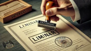 Imagem ilustrando o bloqueio de criptomoedas, com um documento intitulado 'Liminar' sendo carimbado com a palavra 'Deferido