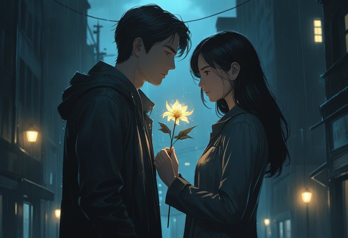 Um homem e uma mulher próximos em uma rua urbana à noite, com uma flor delicada brilhando entre eles, transmitindo uma atmosfera de mistério e emoção.