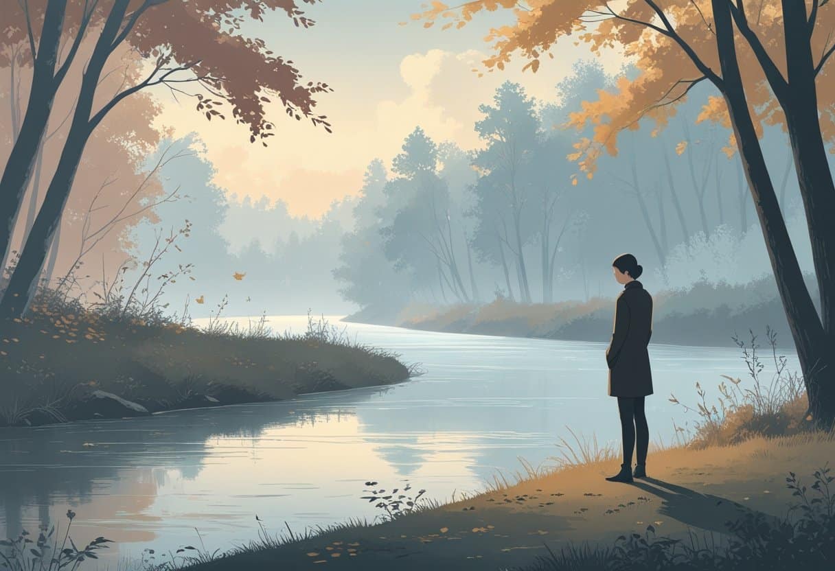 Pessoa em pé à beira de um rio calmo em uma floresta tranquila com folhas de outono, transmitindo um sentimento de reflexão e lembrança.