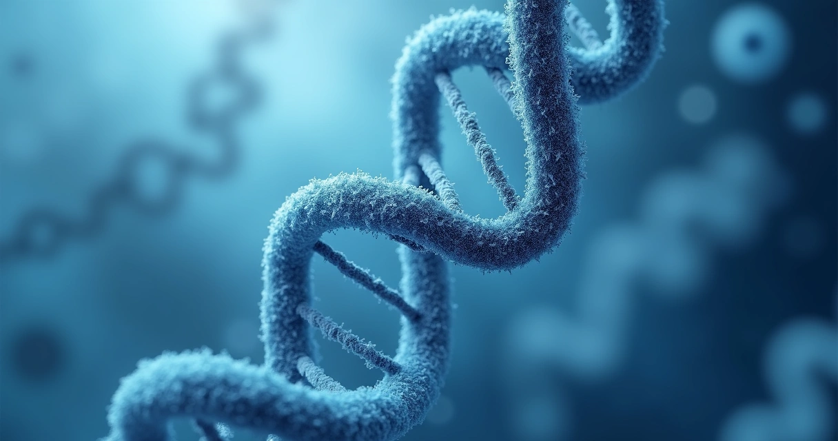 Filamentos de DNA torcendo-se em foco principal, com fundo azul e elementos de célula 