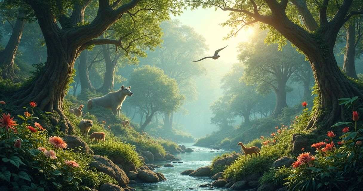 Cadeia alimentar ilustrada em floresta, com animais, plantas e detalhes ambientais 
