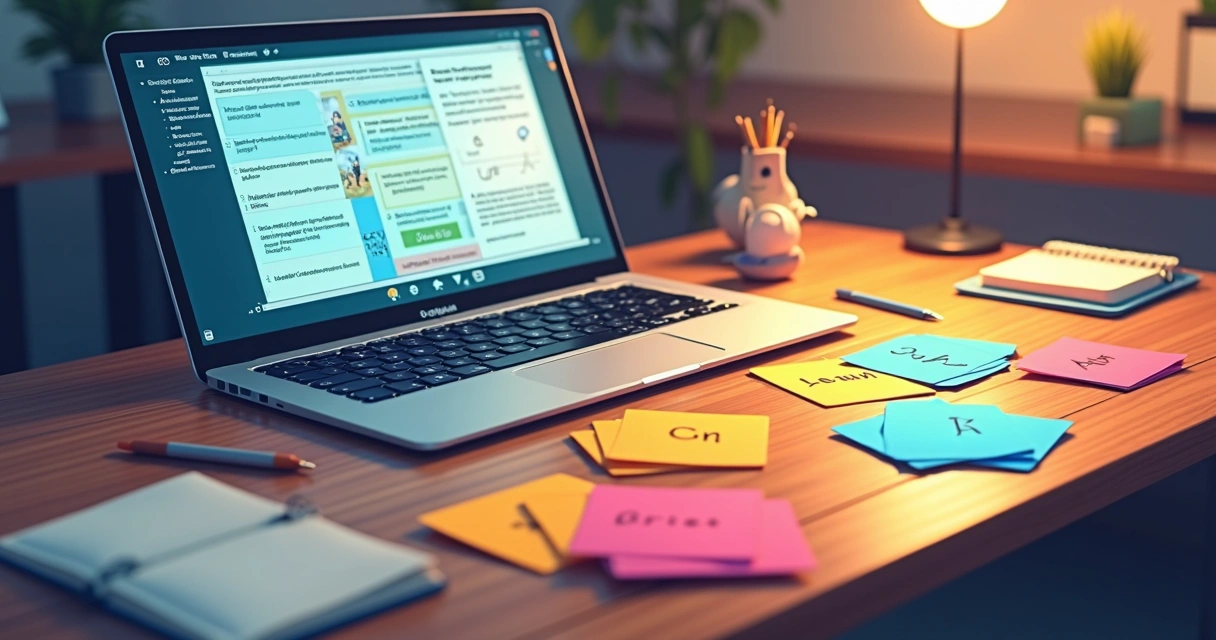 Flashcards digitais ao lado de notebook com slides abertos na tela